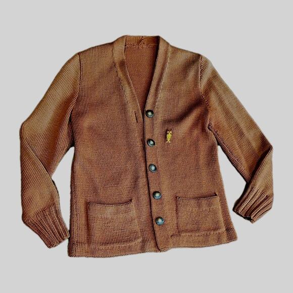 Vintage Jackets & Blazers - Vintage Women's Burnt Orange Knit Owl V-Neck Button-Front Cardigan Sweater XS/ S